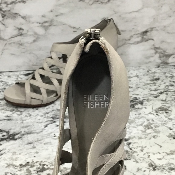 Eileen Fisher Cage Strap Lattice Leather Gray Wood Wedge Sandal - Picture 3 of 12